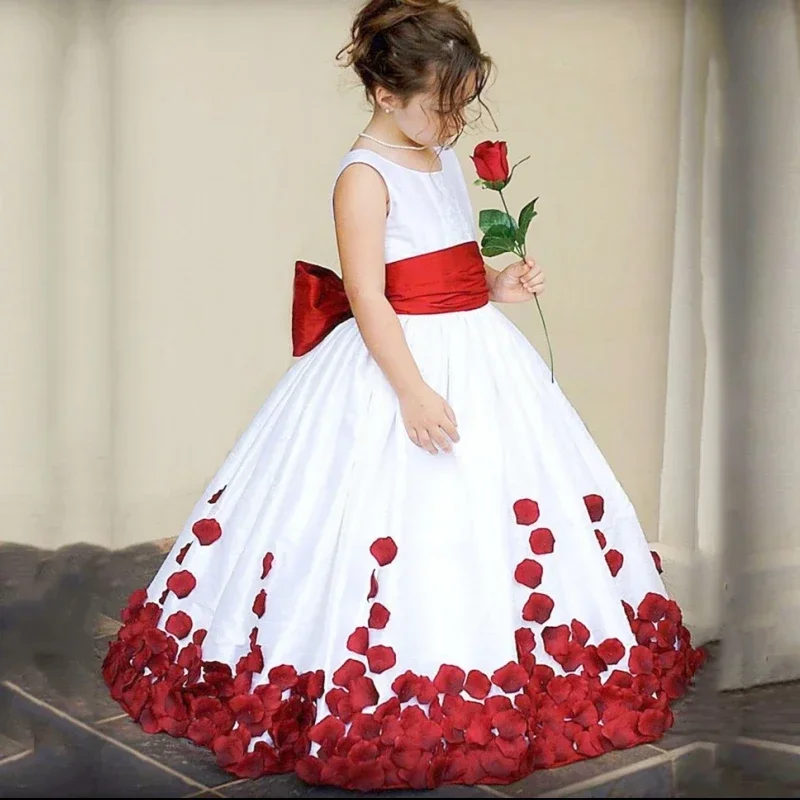 

Flower Girl Dress Formal 3D Red Petal Sleeveless Round Neck With Red Big Bow Waistband For Wedding Party Prom Dresses