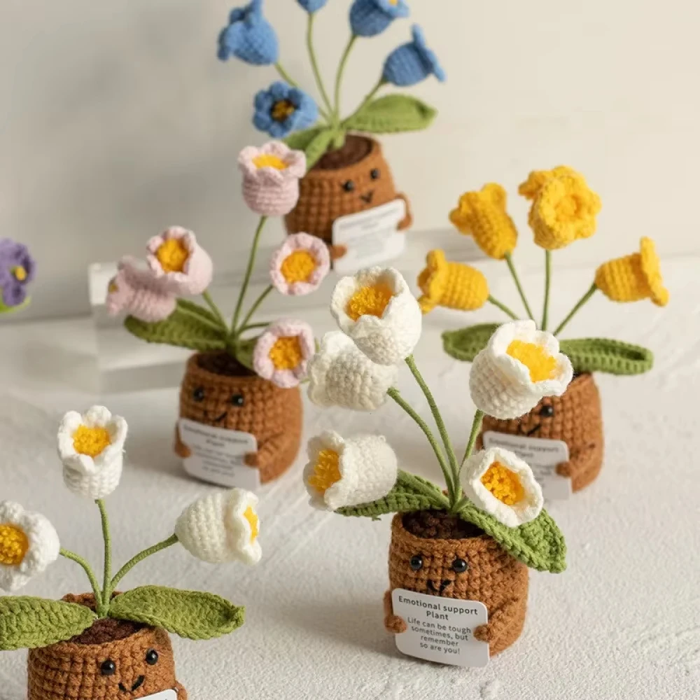 Handmade Crochet Potted Tabletop Decor Words of Encouragement Forget-me-not Crochet Orange Convolia Heart-warming Ornament - Image 4