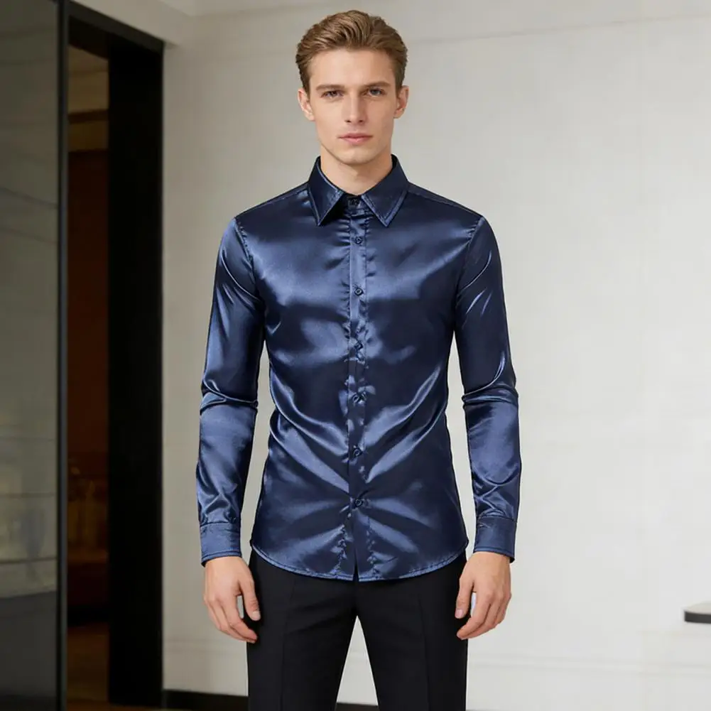 

Мужская глянцевая рубашка с длинным рукавом, дышащая, с атласным воротником, на одной пуговице, гладкая, для мужчин