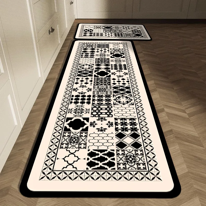 Black White Geometric Tile Kitchen Mat Set Boho Patchwork Print NonSlip Washable Floor Rug for Kitchen Hallway Home Decor