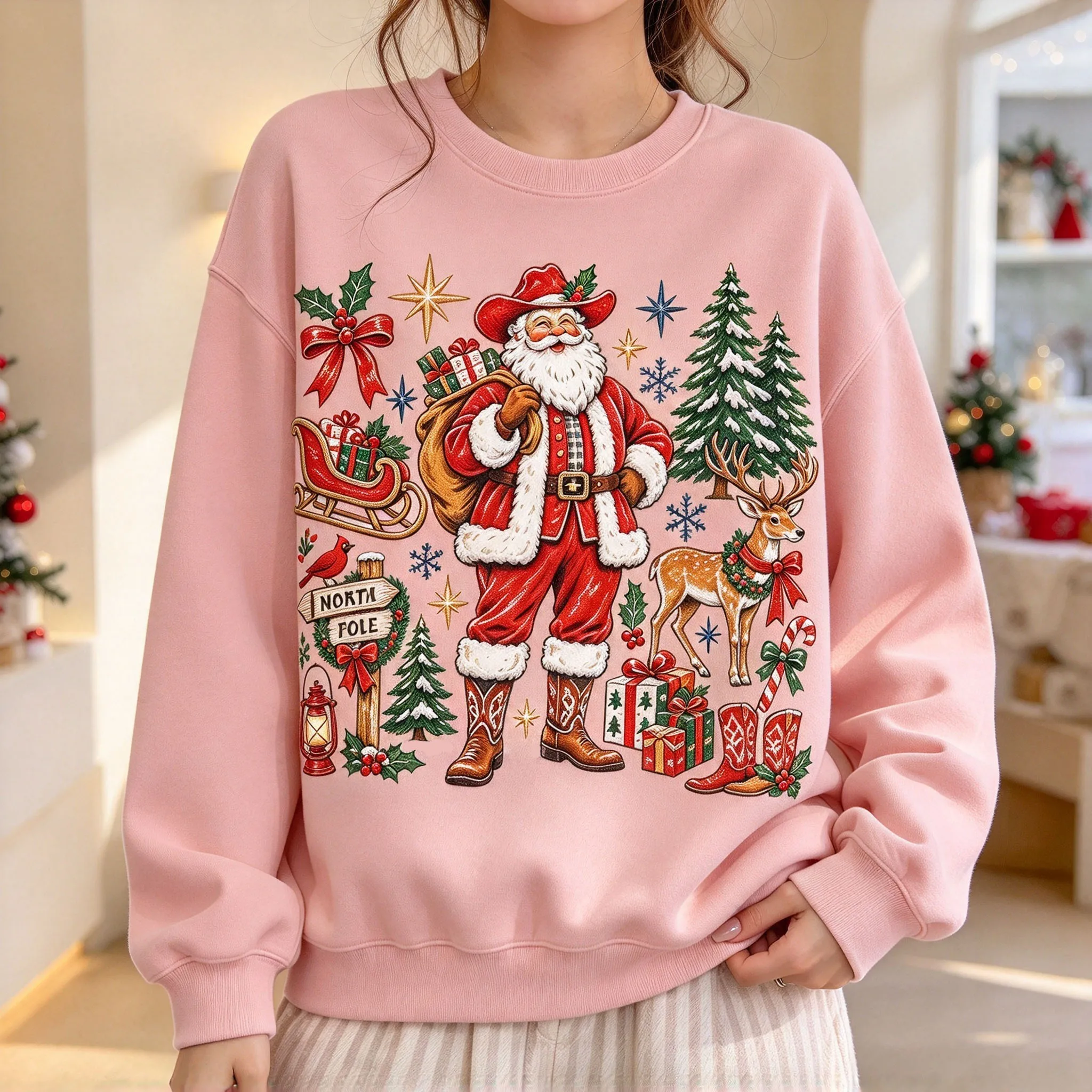 Womens Crewneck Sweatshirt Western Santa North Pole Reindeer Sleigh Christmas Tree Graphic Oversized Casual Pullover