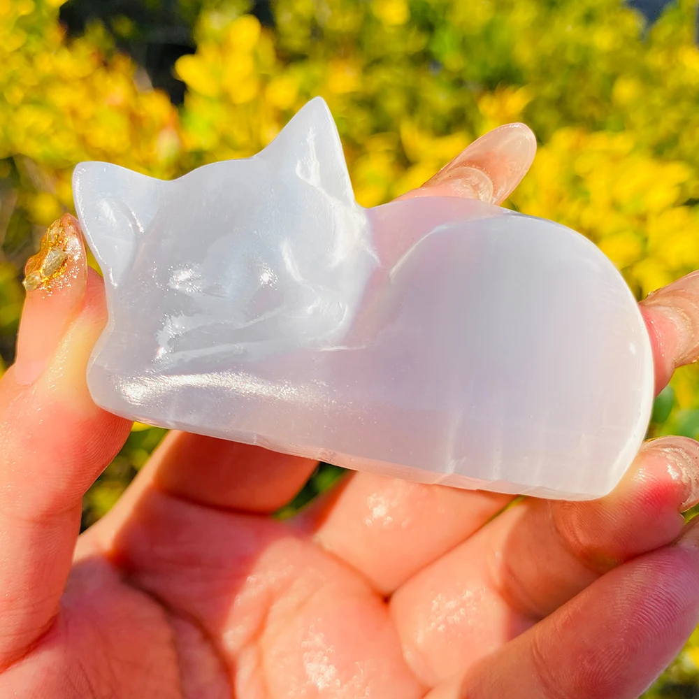 Sculpture de chat endormi en sélénite, Figurine d'animal en cristal séène avec Surface polie, parfaite pour la décoration de la maison, les mariages, les Birt, 1 pièce