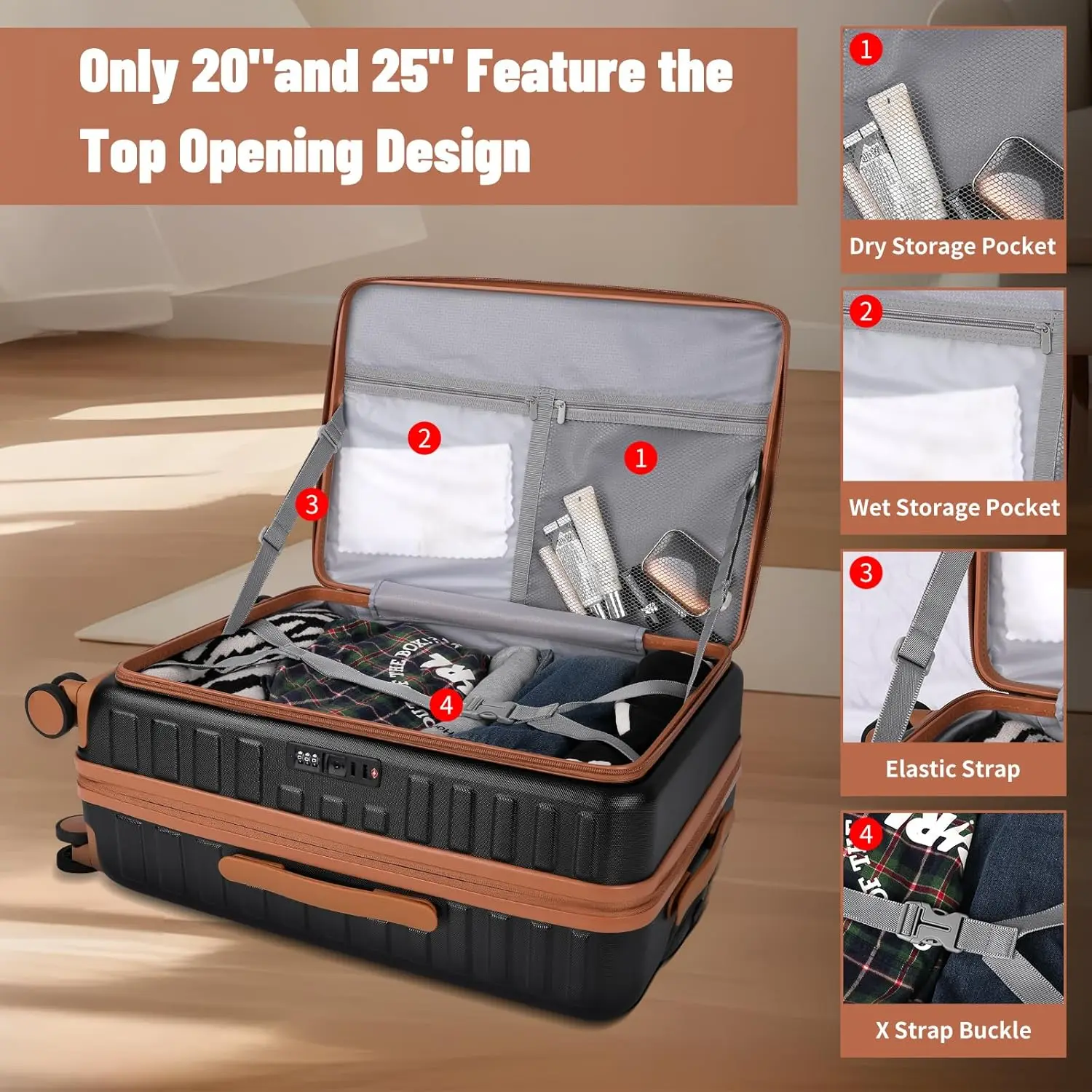 3-Piece Hardshell Luggage Set 20/24/28in Spinner with TSA Locks, Black Brown