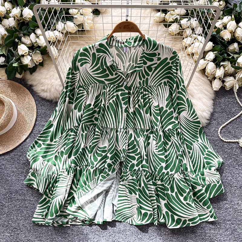 Lente Herfst Casual Shirt Met Lange Mouwen Vrouwen Grote Maat Losse en Veelzijdige Lantaarn Mouw Single Breasted Gedrukt Blouse C338