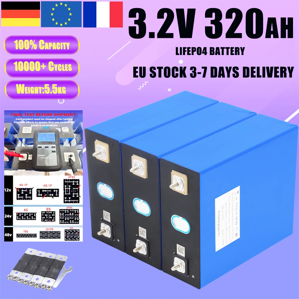Grade A 320Ah LiFePO4 Battery-10000 Cycles,3.2V Rechargeable Lithium Iron Phosphate Cell for DIY 12V/24V/48V Solar,and Golf Cart