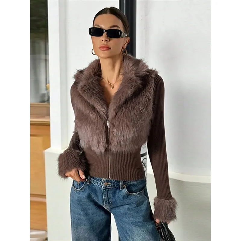 

Fashion Long Sleeve Zipper Coat Lady 2025 Y2k Wear Elegant Knit Patchwork Faux Fur Cropped Jacket With Fluffy Cuffs For Women