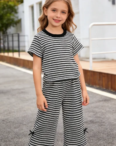 

Summer Set for Girls Light Brown Striped Short Sleeved T-shirt Wide Leg Pants Two-piece Set Fashion Kids Suit