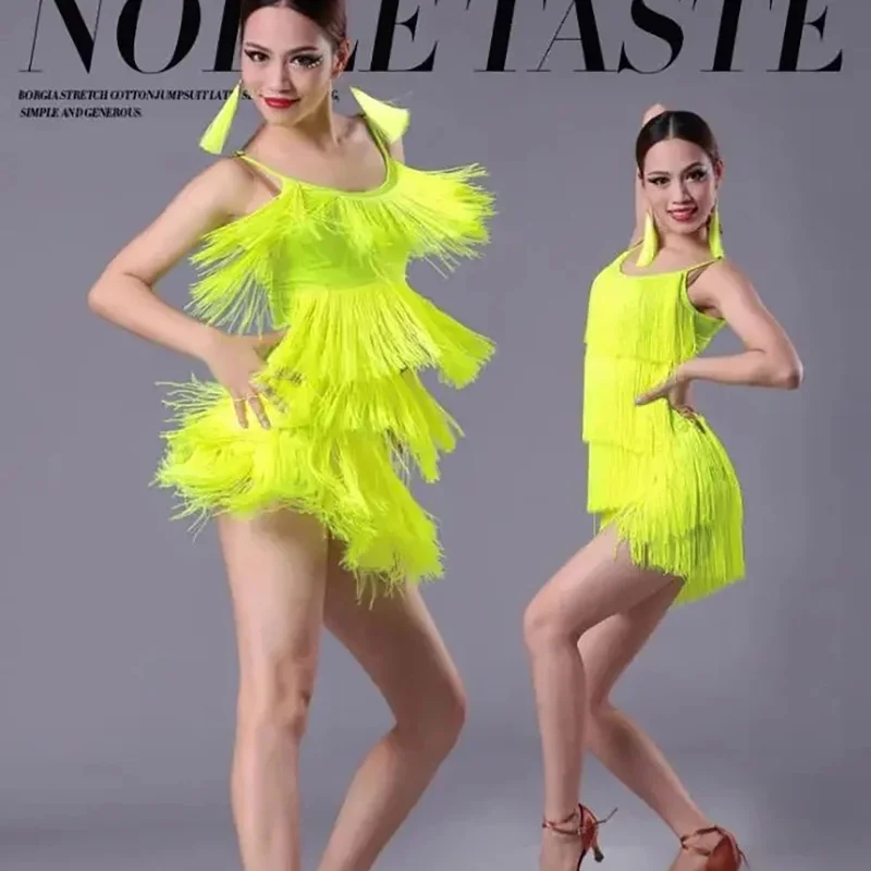 Robe de danse latine pour femmes, robe à franges Sexy, Costume professionnel de spectacle sur scène cha-cha, Costumes d'entraînement pour enfants et adultes