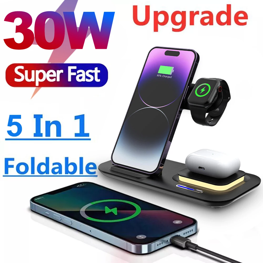 30W LED Fast Wireless Charger Stand 3 in 1 Foldable Charging Station For iPhone 15 14 13 12 11 Apple Watch 9 8 7 6 5 Airpods Pro