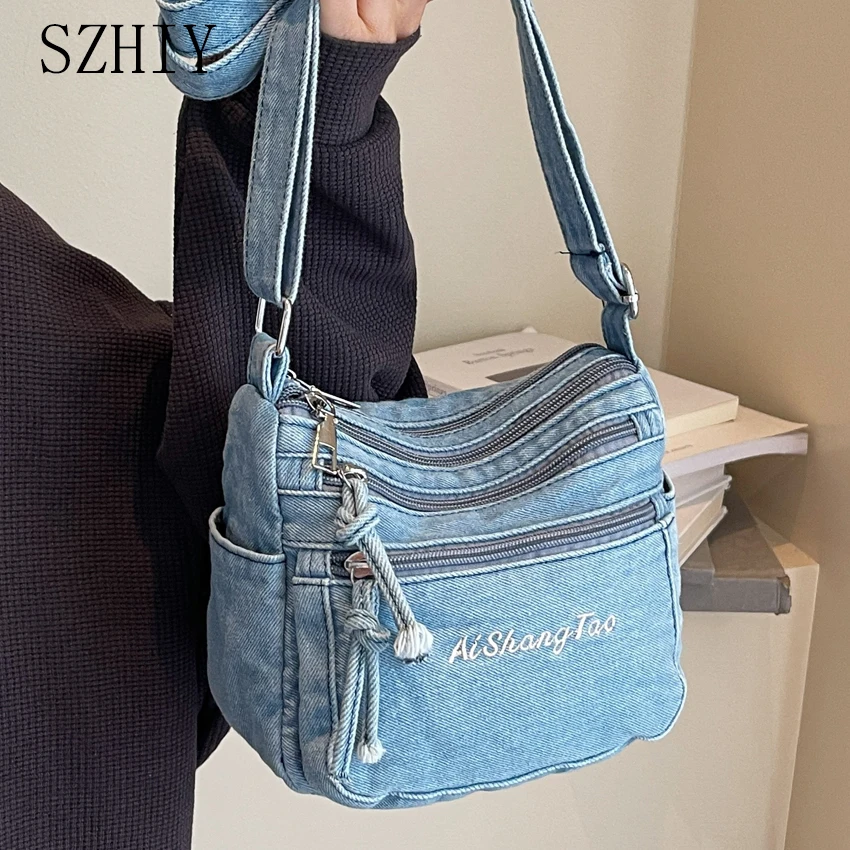 Washed Soft Denim Small Bag with Multiple Compartments Women Casual and Simple Change Mobile Phone Crossbody Bag Shoulder Square