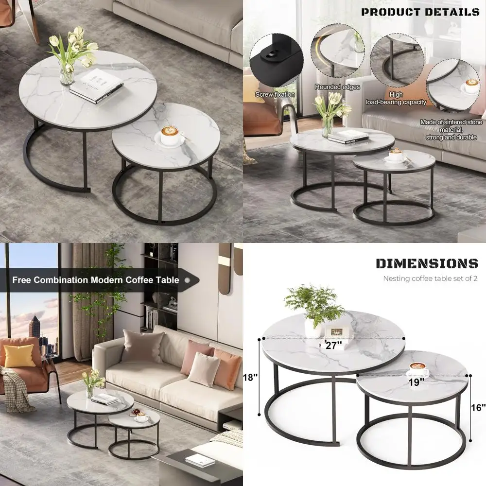 

Pair of Sleek White Coffee Tables with Stone Surfaces and Metal Bases for Contemporary Living Spaces