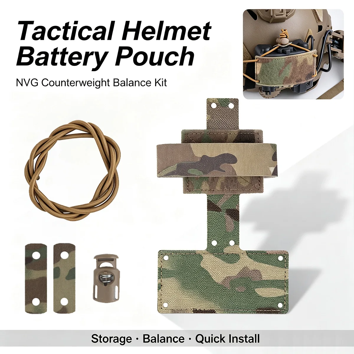 Multicam Tactical Helmet Battery Pouch NVG Weight Balance Storage Bag Complete Installation Bungee Fastener Kit for CombatHelmet