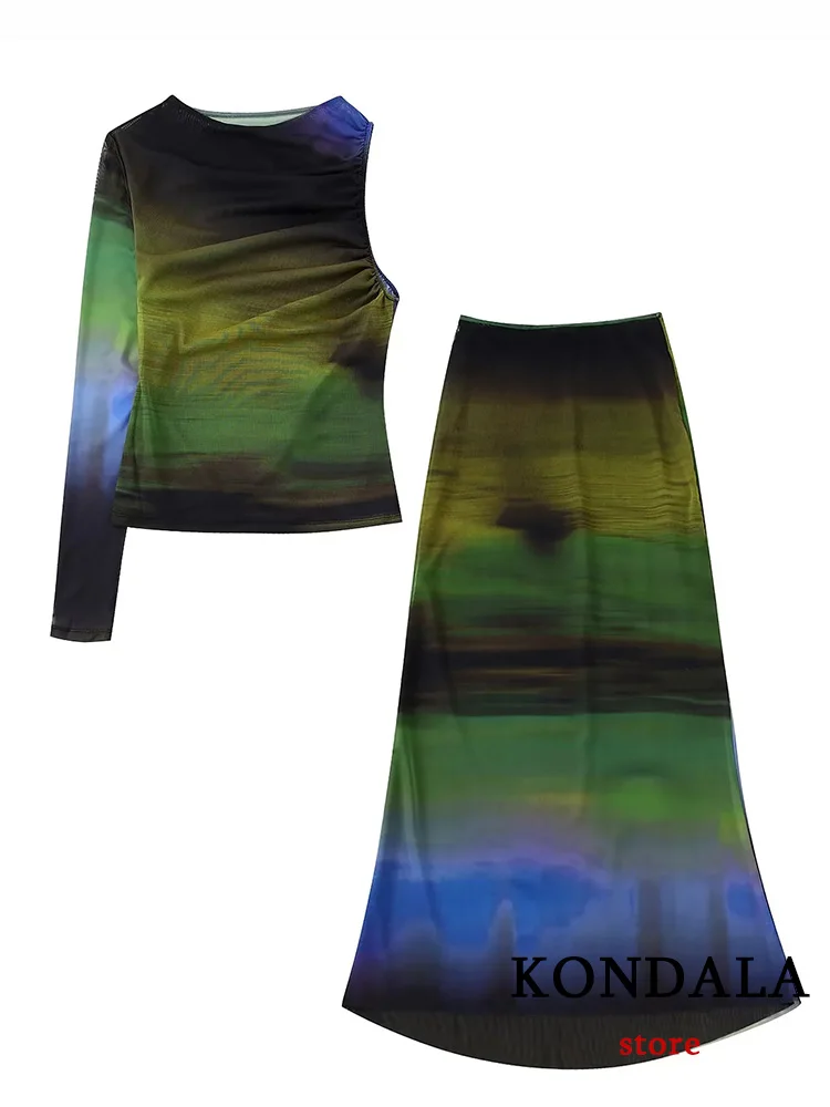 KONDALA Vintage Tie Dye Women Suit Printing One Shoulder Slim Women Tops+Straight Long Skirt Fashion 2022 Spring Female Sets