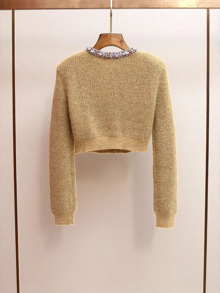 Autumn French Style Small Fragrance and Western Style Plush Diamond Studded Round Neck Short Sleeved Cardigan Knitted Top