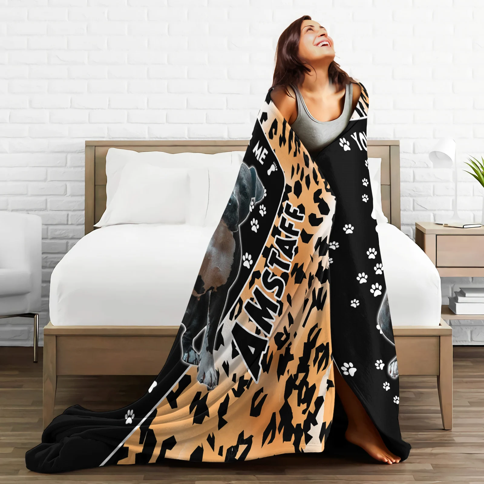 Amstaff Flannel Blankets Fashion Dog Leopard Splicing 3D Printed Throw Blanket Office Nap Travel Portable Quilt Dropshipping