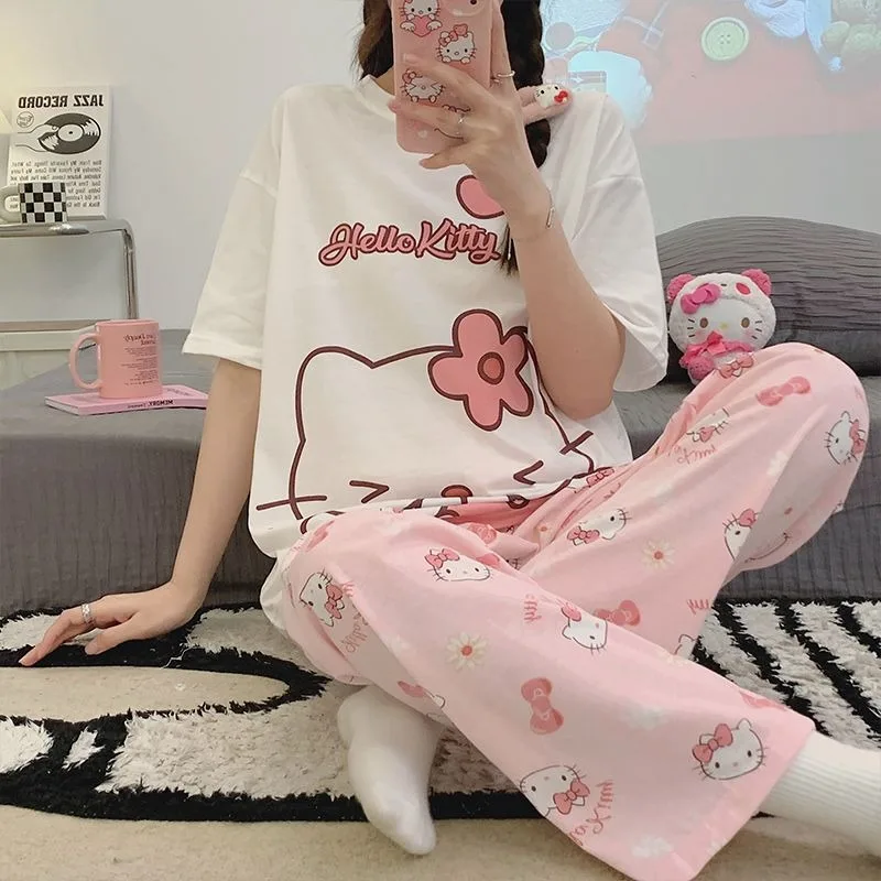 

Hello Kitty 2023 new cartoon pajamas women's summer short-sleeved trousers can be worn outside cute trendy home service suit