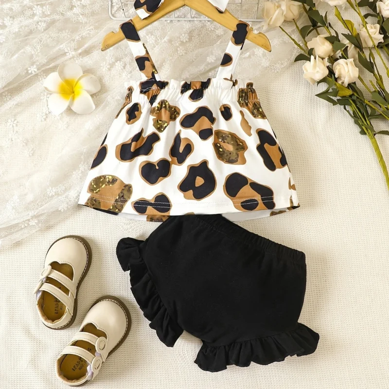 2024 Summer Baby Girls Leopard Prints Suspenders Sleeveless Vest Tops+ Short Pants With Headband 3Pcs Set Kids Clothes 3M-2Y