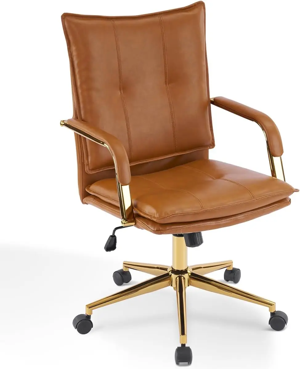 

Faux Leather Home Office Desk Chair, Mid- Inspired Adjustable Swivel Comfy Upholstered Executive Desk Chair With Gold Legs And