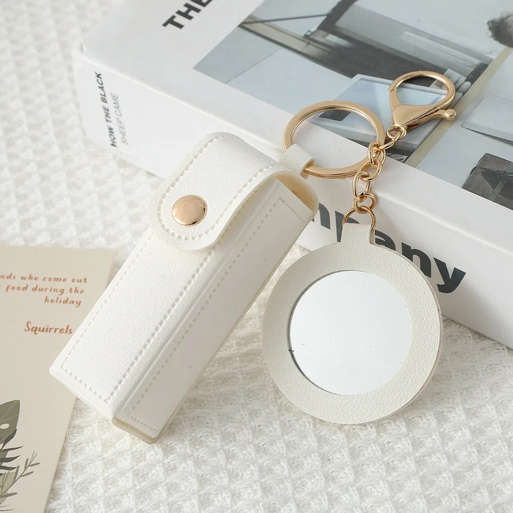 New Mini Portable Lipstick Car Keychain Leather Round Makeup Mirror Bag Pendant Girls Portable Makeup Mirror Bag Pendant