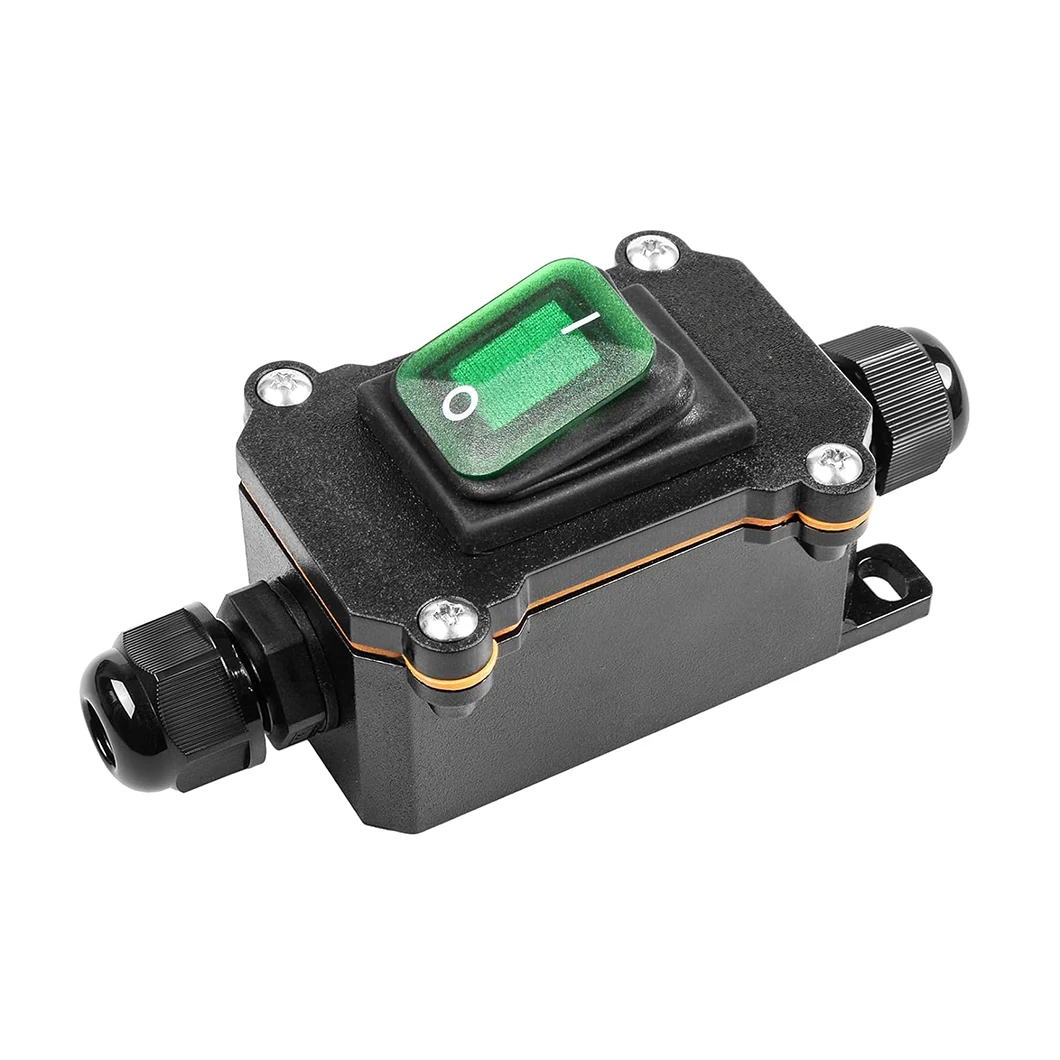 IP66 Waterproof DPST AC/DC 15A250V/30A 250V ON-OFF Toggle Switch Box Dual Outlet Green Light Rocker Button Inline Cord Switch
