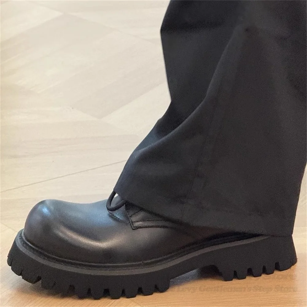 

Handmade Summer Cowhide Thick Sole Casual Leather Shoes Men Big Toe Lace-Up Shallow Increasing Height Business Derby Shoes