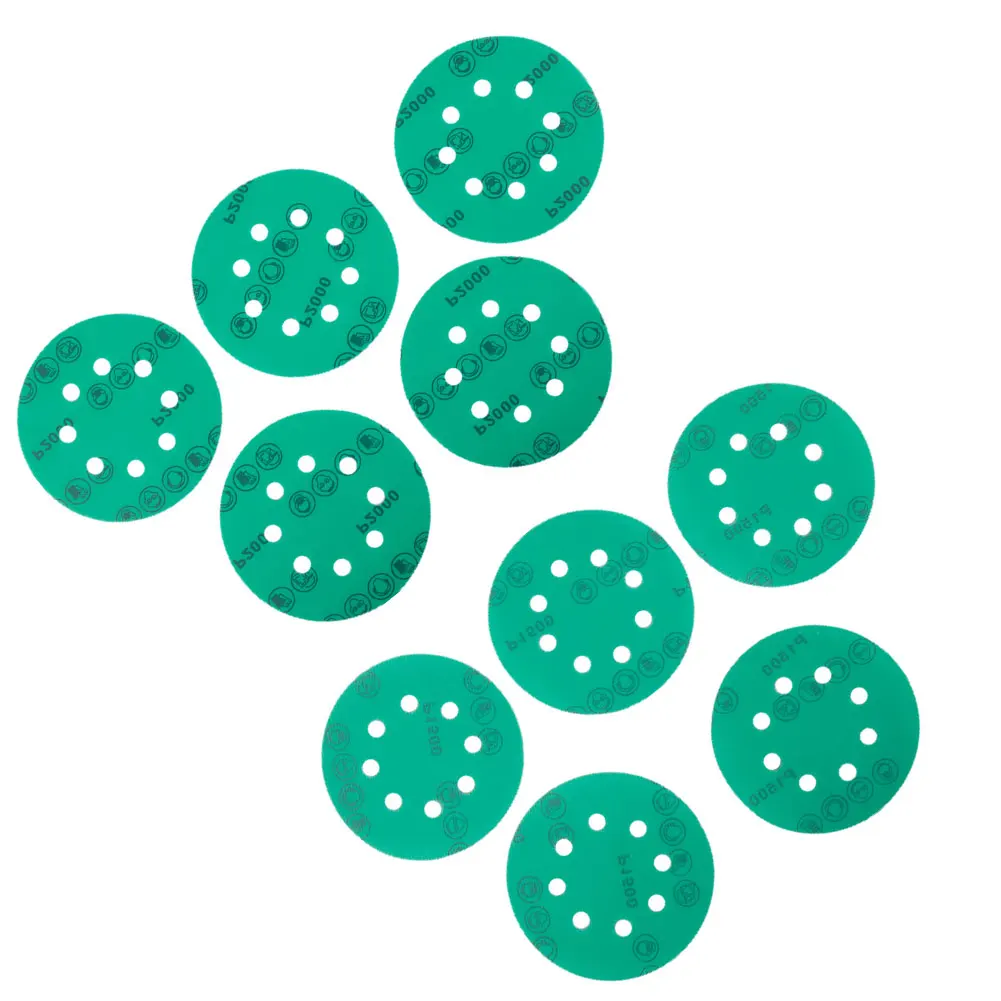 Dischi abrasivi da 5 pollici a 8 fori e pellicola PET asciutto e bagnato Lucidatura carta vetrata verde adatta per lucidare mobili in legno e metallo