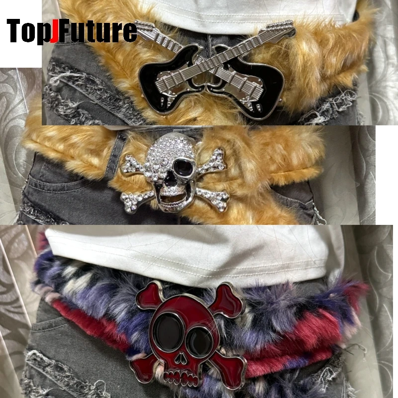 Women's Harajuku Steampunk Y2K The Spice Girls Christmas Deer print Plush waistband Dark Skull head guitar Decorative Furry belt