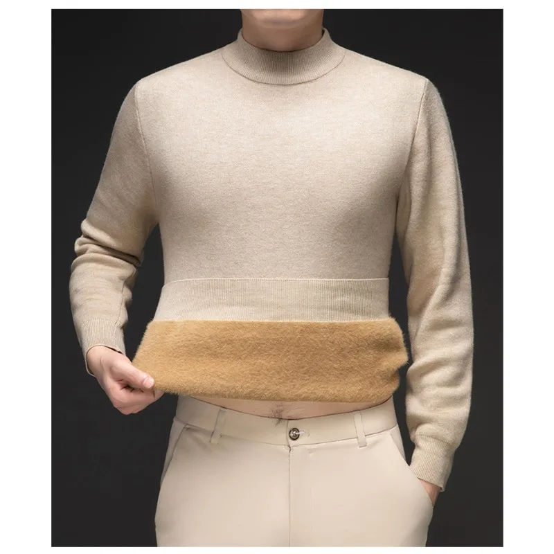 

Wool New Winter Men's Plush Sweater Knitted Sweater Thickened Youth Semi-turtleneck Solid Color Bottoming Shirt Men's Clothing