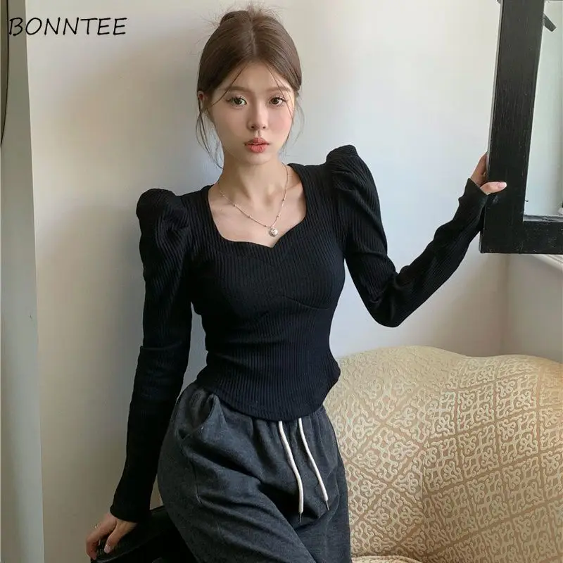 Square Neck T-shirts Women Puff-sleeves Based Slim Solid Simple Office Ladies Short Leisure Soft Korean-style All-match Elegant