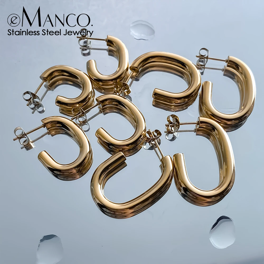 EMANCO  Stainless Steel Gold Plated Earrings For Women Coarse Hollow C-shaped Pierced Earring Waterproof Ear Stud