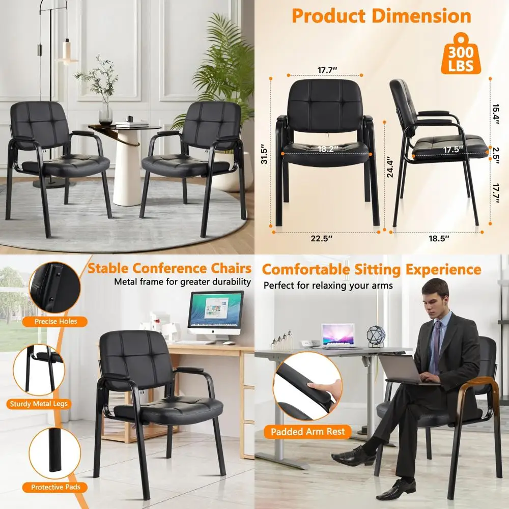 เก้าอี้แขกมีเบาะหนังสำหรับแผนกต้อนรับสำนักงาน โต๊ะประชุม สีดำ ไม่มีล้อ แพ็ค 2 ตัว
