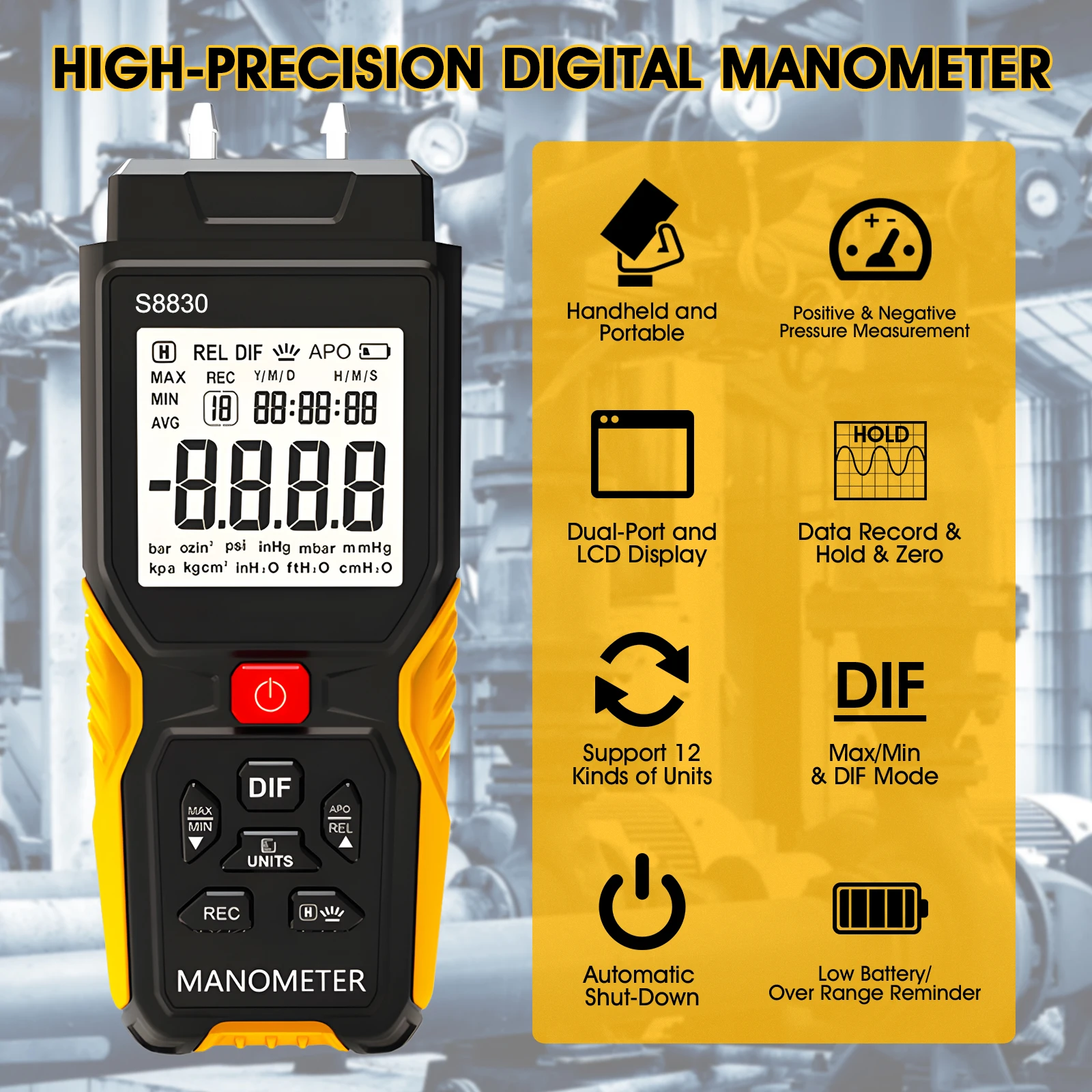 Digital Manometer T9-S8830-Max 36.8KPa, Stores 99 Data Sets, 12 Units for Water, Oil, Gas, HVAC Pressure Measurement