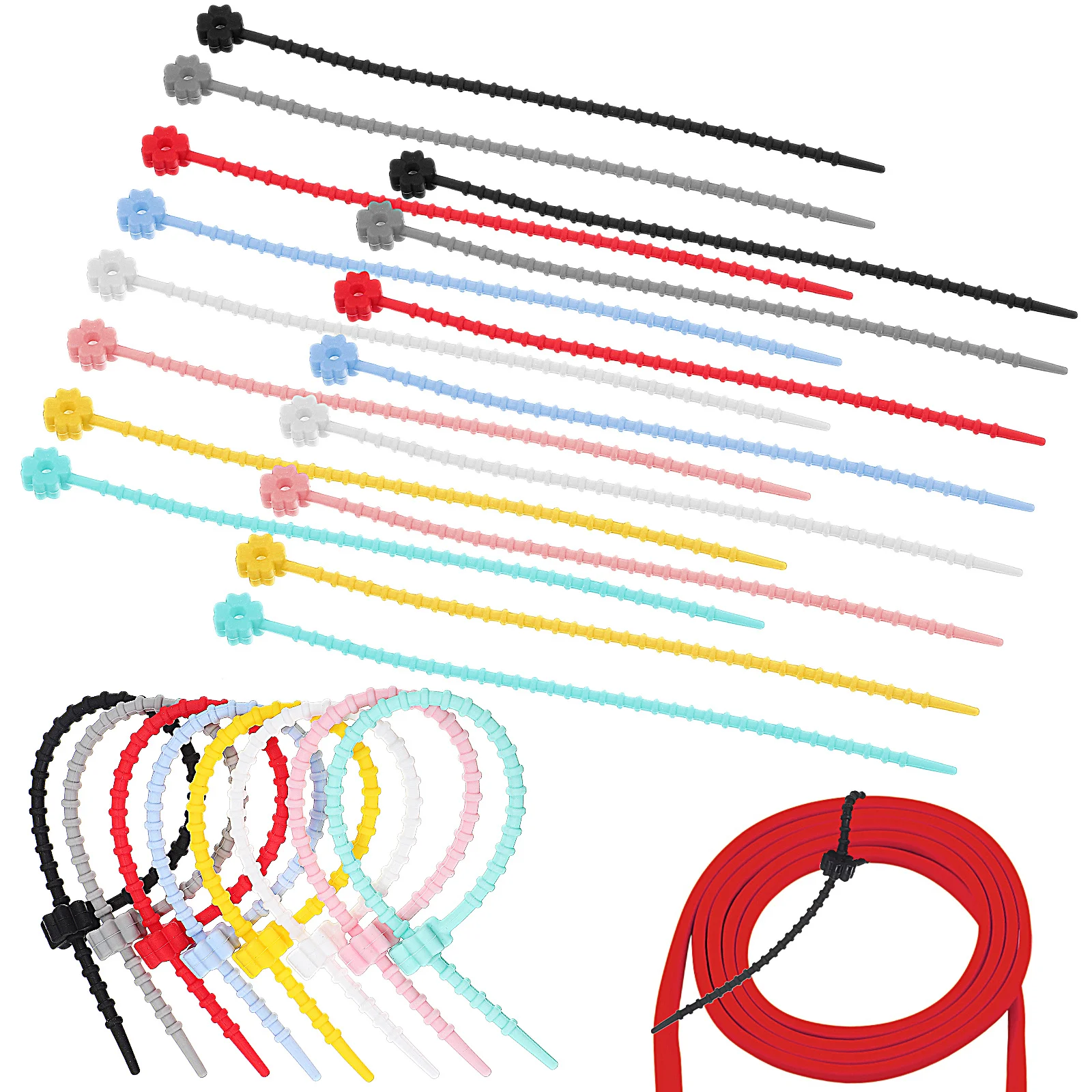 

24pcs Silicone Cable Ties Colorful Flower Shape Reusable Bendable Cord Organizer For Earphone Cables Cord Ties