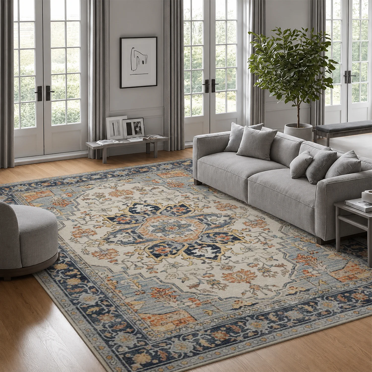 Large Indoor Area Rug, Soft Velvet Low Pile with Non-slip Dotted Backing, Machine Washable Vintage Medallion Area Rug, Navy Beige Distressed Floral Pattern for Living Room Bedroom