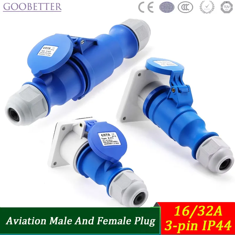 6A/32A 3-Pin Aviation Power Plug IP44 Waterproof & Explosion-Proof Industrial Connector for Cabinet Lighting & Audio Equipment