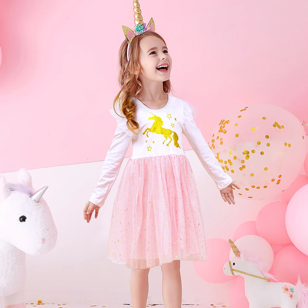 VIKITA Girls Flare Sleeve Autumn Spring Patchwork Dress Kids Licorne Star Sequins Shiny Princess Party Casual Daily Pink Dresses