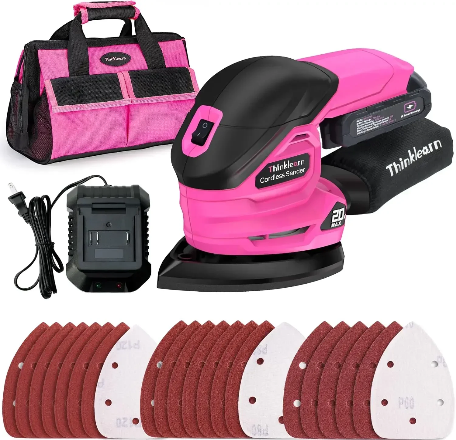 

20V cordless detail sander, 22 sandpapers, dust bag & battery, compact woodworking tool.