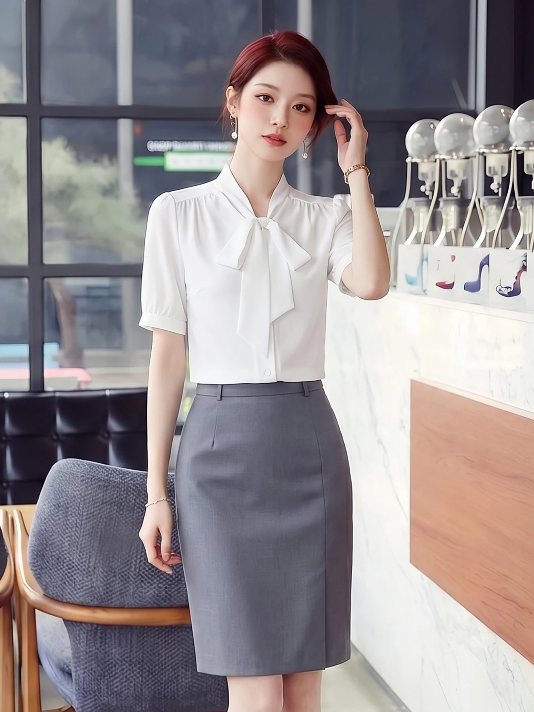 

White Short Sleeve Shirt Set with Bow Tie for Women Summer 2026 New Style Hotel Front Desk Uniform Commute Professional Workwear