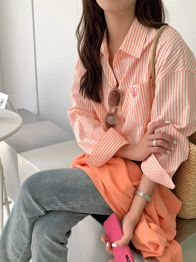 New Spring Drop Sleeve Pink Striped Embroidery Women Shirt Single Breasted Fashion Female Shirts Chicly Casual Office Lady Style