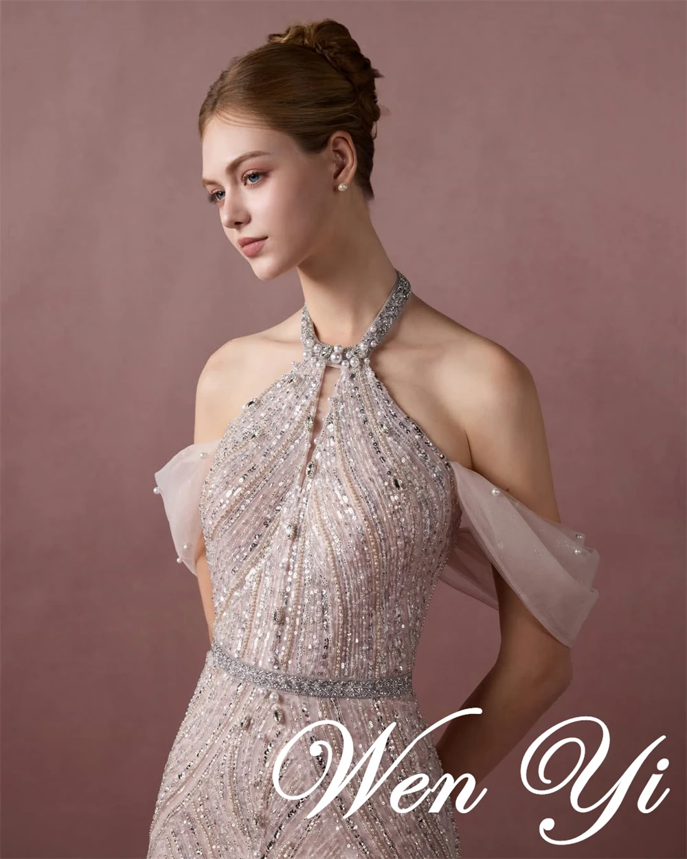 

Customized Mermaid Pink Tulle Evening Dresses Fashion Halter Sleeveless Celebrity Gowns Exquisite Special Occasion Gowns