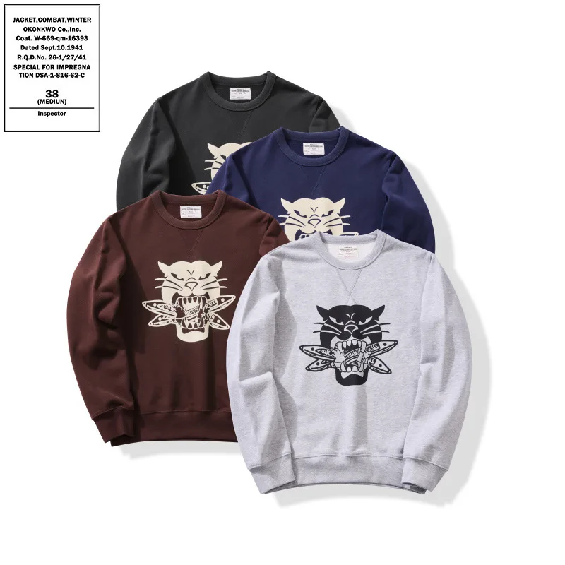 OKONWKO_Military style shuttle bomber leopard American retro terry heavy thick round neck pullover sweatshirt