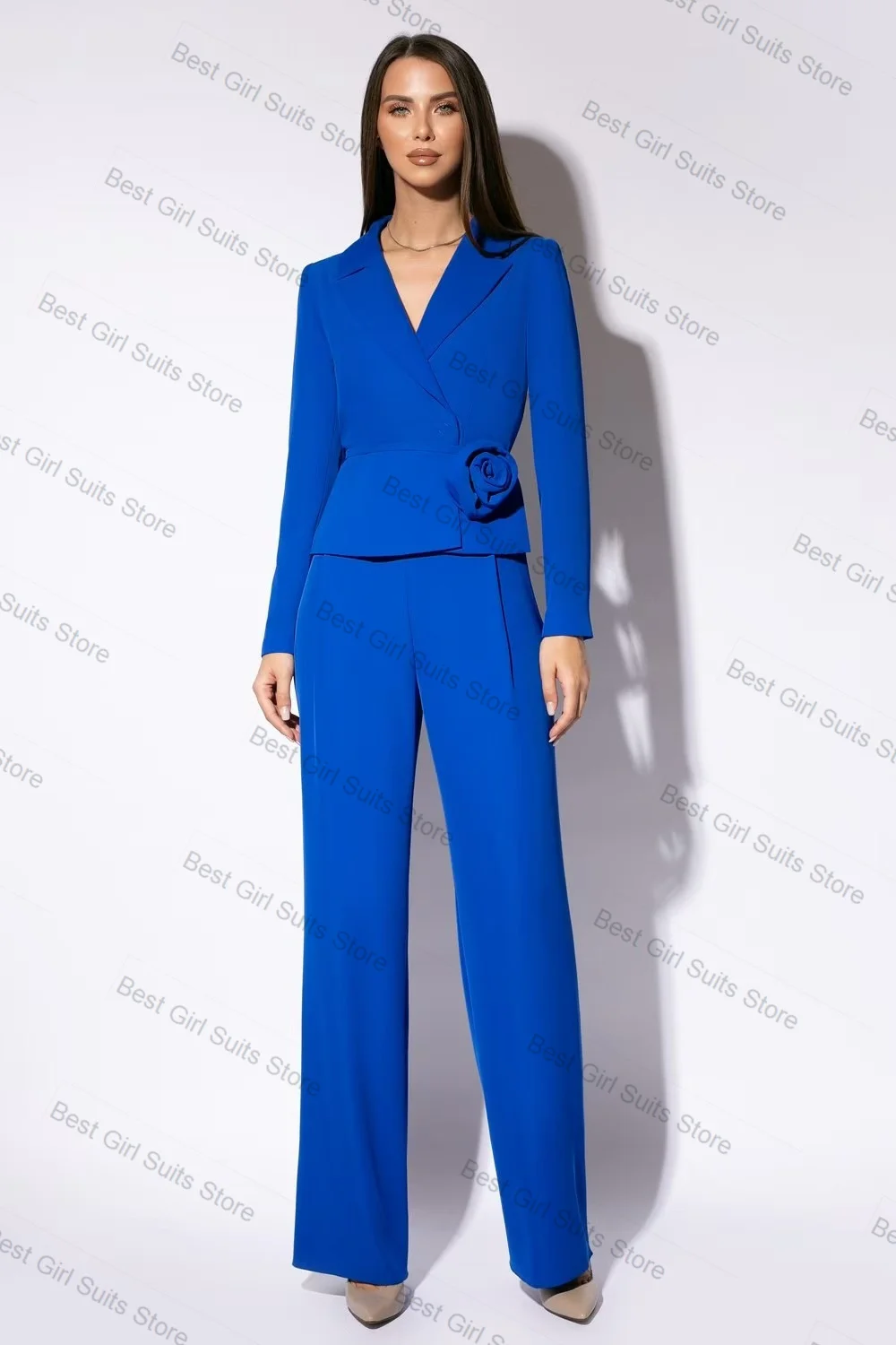 

Blue Women Suit Set 2 Pcs Blazer+Straight Pants Trousers 3D Flower Formal Office Business Jacket Customized Wedding Guest Coat