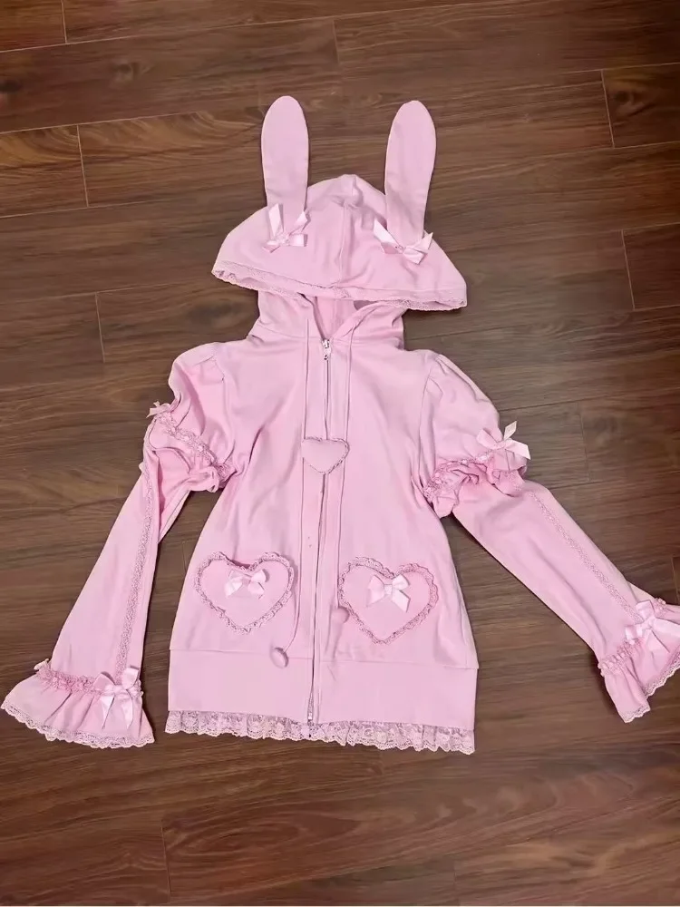 Japanese Sweet Cute Pink Rabbit-eared Hooded Girl Sweater Autumn Y2K Heart-shaped Bow Casual Top Lolita  Zipper Cardigan Jacket