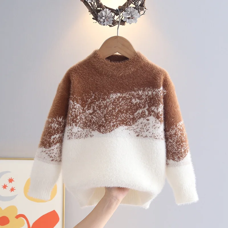 

Детская одежда, осенне-зимние теплые вязаные свитера для мальчиков и девочек, лоскутный вязаный крючком пуловер с длинными рукавами, детские трикотажные топы