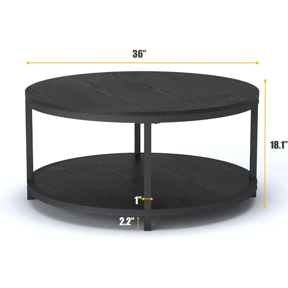 36 inches Round Coffee Table, Rustic Wooden Surface Top & Sturdy Metal Legs Industrial Sofa Table with Storage Open Shelf(Black)