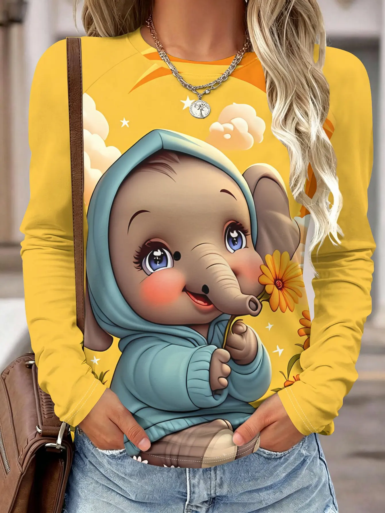 Women Long Sleeve Shirt Cute Cartoon Elephant Sunflower Cloud Print Round Neck Casual Daily Tops Women's Clothes