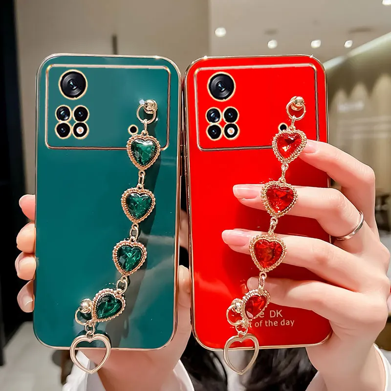 Cover For POCO X4 PRo 5G Luxury Glitter Bracelet Case For Xiaomi poco X4 pro M4pro Love Camera protector Chain Case pocox4pro