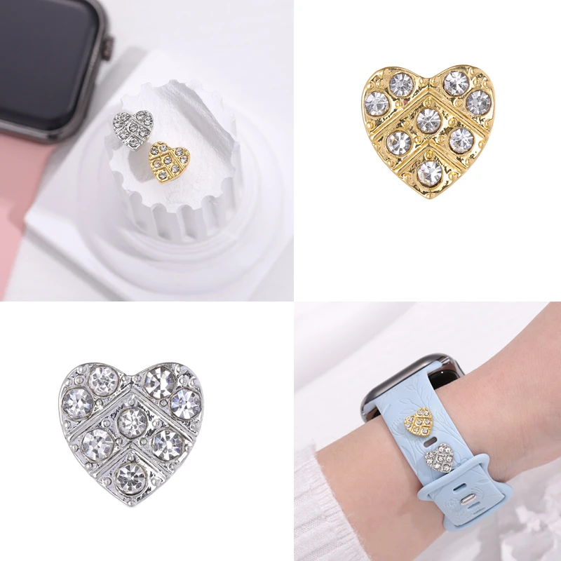 Gold Silver Colour Heart Shape Charm for Apple Watchband Silicone Strap Cute Decorative Jewelry Accessories Charms for Iwatch