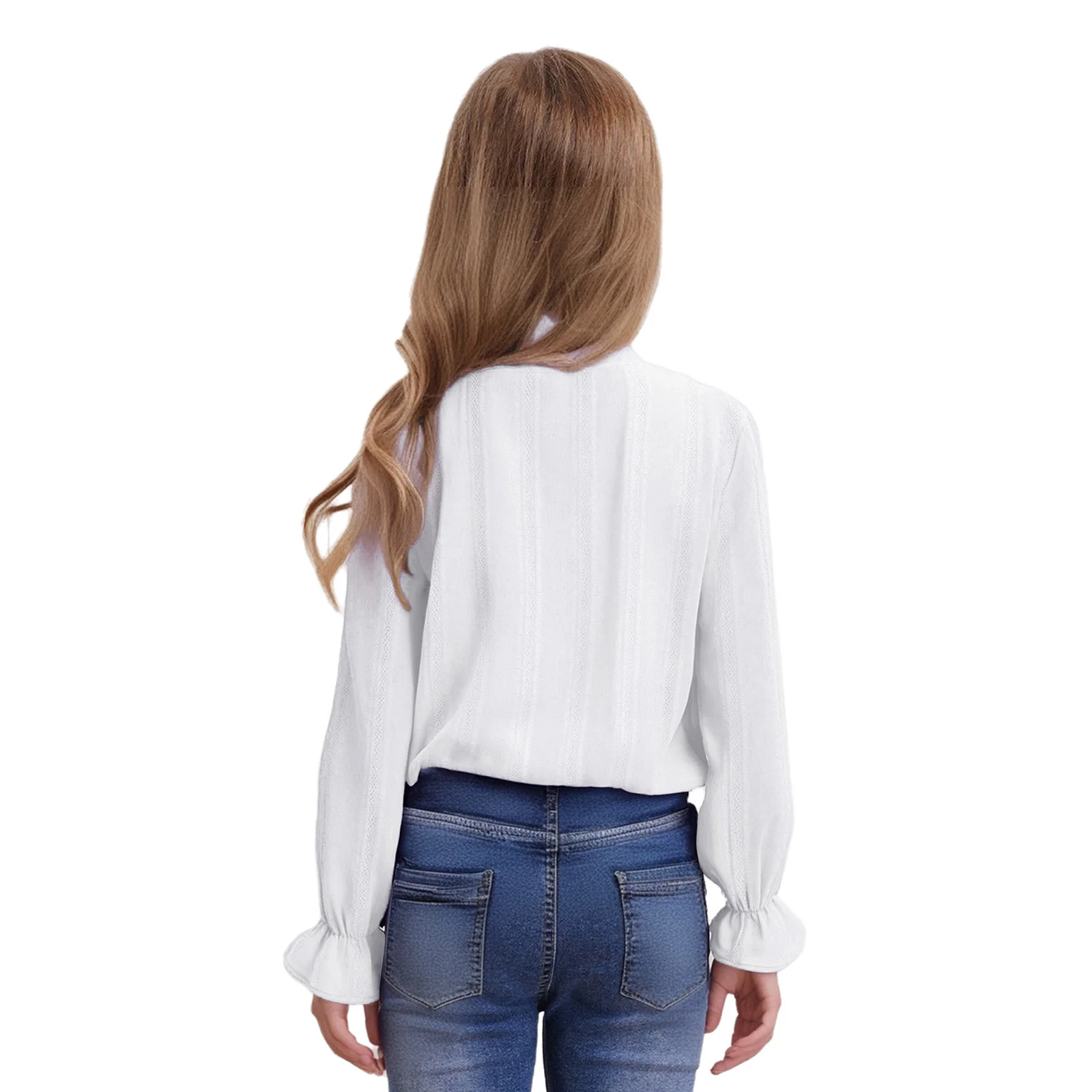 أطفال فتاة لطيف زر تي شيرت تول الكشكشة طوق أبيض بأكمام طويلة جميل النسخة الكورية أعلى الخريف فتاة في سن المراهقة الملابس