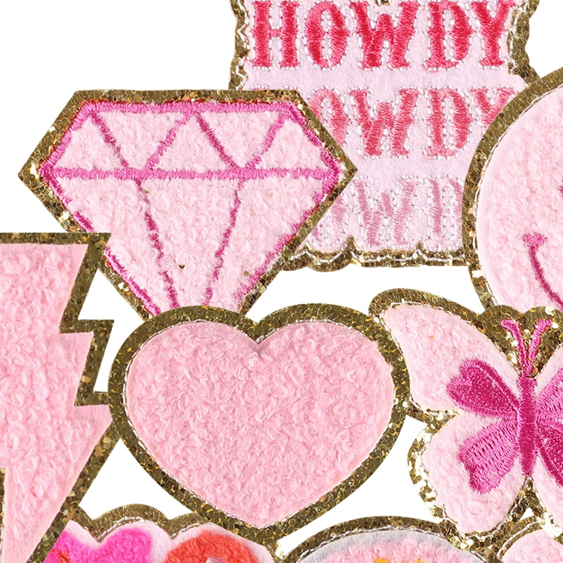 11 teile/los Chenille Nette Nähen Eisen Auf Patches Für Kleidung Gestickte gemischte Jacke Kinder Aufkleber Rosa Herz Applikationen Glitter diy – Detail 4